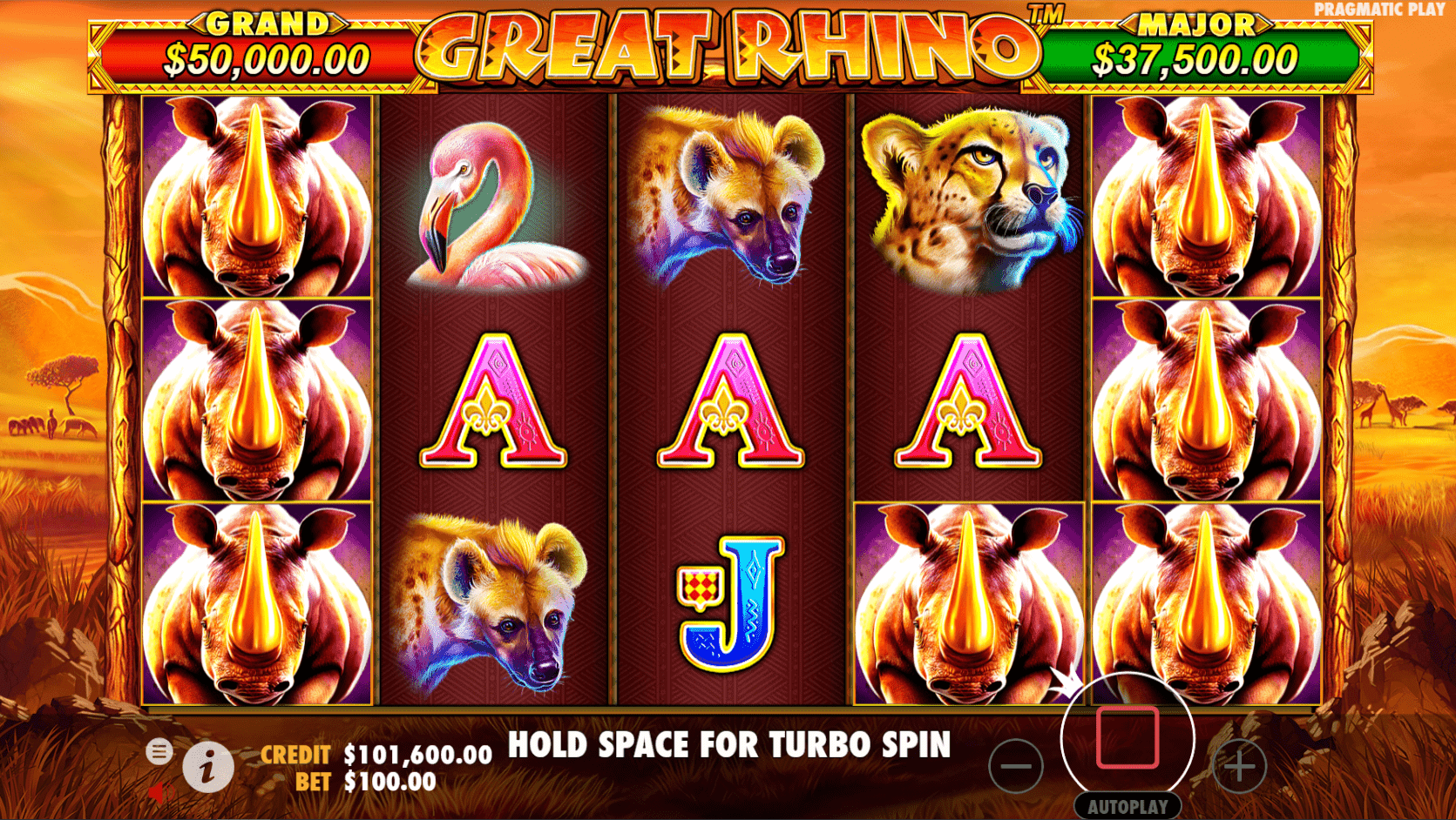 Image depicting the exciting Great Rhino Slot by Pragmatic Play: a captivating African safari-themed slot game. Experience the thrill of Great Rhino Slot through the demo version, or play for real money online. Enjoy free play, claim enticing bonuses, and explore the game's RTP and reviews. Join the wild adventure of Great Rhino Slot today!