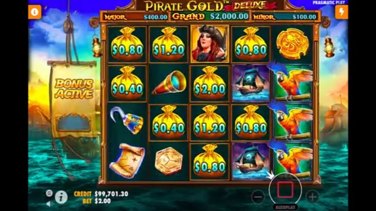 Image promoting Pirate Gold Deluxe, a thrilling slot game by Pragmatic Play. Explore the pirate-themed adventure with Pirate Gold Deluxe - a captivating online slot offering exciting bonus rounds, including free spins and a Treasure Bag feature. Discover the high-quality visuals and immersive gameplay of Pirate Gold Deluxe, available to play online. Try the demo version for free and experience the excitement of this popular slot. Read a comprehensive review of Pirate Gold Deluxe, including its impressive RTP and bonus features. Set sail for riches with Pirate Gold Deluxe!