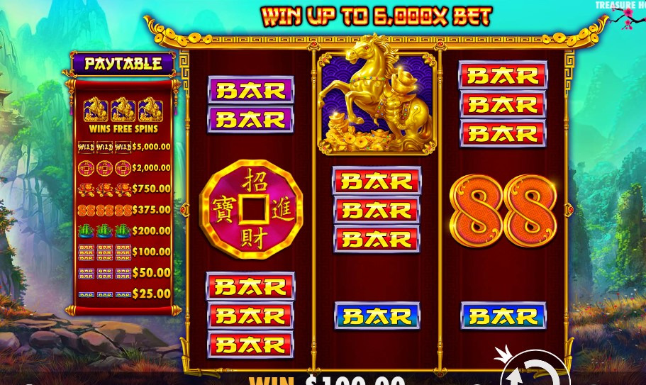 Image representing the Treasure Horse Slot by Pragmatic Play. Play the Treasure Horse Slot demo for free and experience the exciting gameplay of this online slot. Discover the treasures and bonuses of Treasure Horse Slot, including its impressive RTP. Read our Treasure Horse Slot review for a detailed analysis of this captivating slot game.