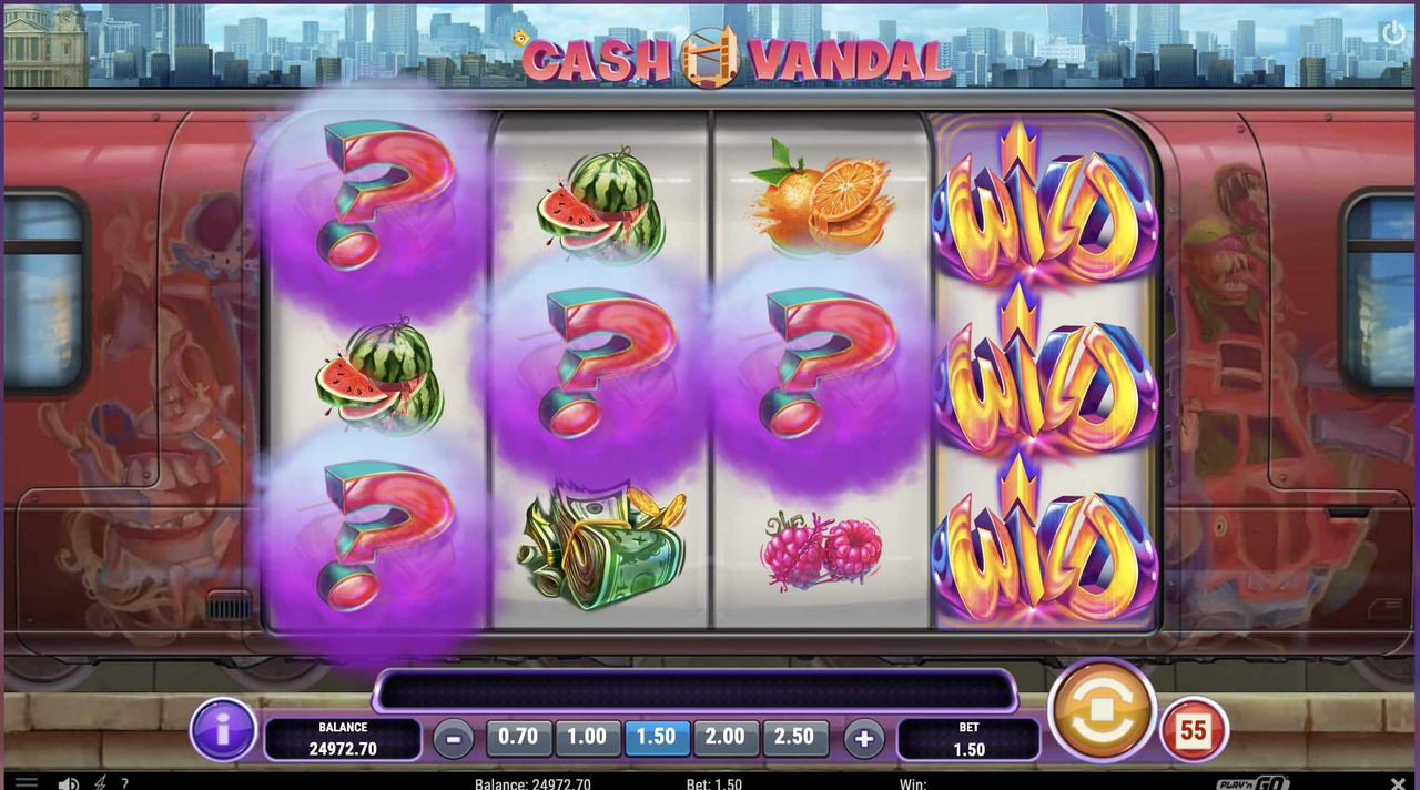 A vibrant graffiti-filled scene from Cash Vandal, the exciting slot game by Play'n GO. Immerse yourself in the world of Cash Vandal and experience the thrill of this unique slot game. Play Cash Vandal demo for free, explore its bonus features, and discover the high RTP. Get ready for a wild ride with Cash Vandal, the ultimate online slot game!