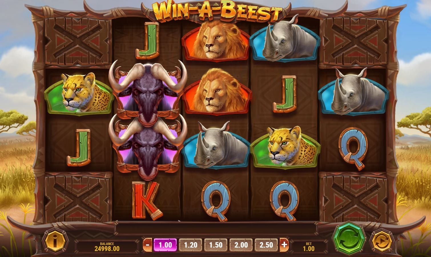 Screenshot of the Win a Beest slot game by Play'n GO, showcasing its captivating theme and thrilling gameplay. Learn more about Win a Beest, including how to play, demo options, bonus features, RTP, and a detailed review. Join the wild adventure of Win a Beest online and experience the excitement of free play and big wins!